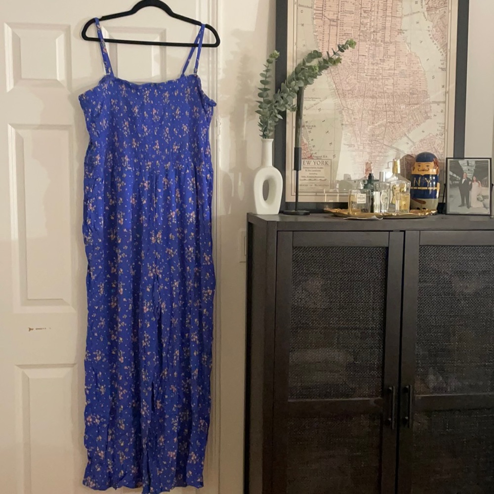 Blue Smocked Floral Jumpsuit